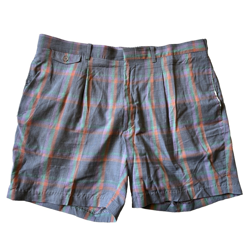 vintage 80s blue red green plaid Madras Cotton shorts lightweight pleated 38 x 6